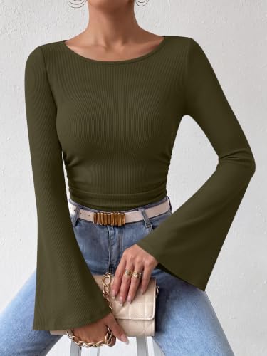 ANRABESS Women Boat Neck Bell Sleeve Shirts Built in Bra Fall Dressy Top - image 5