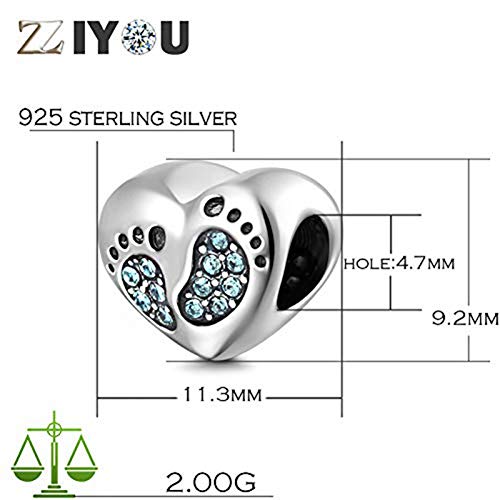 Footprint Heart Charm with October Birthstone for Pandora Mother Day Bracelets - 925 Sterling Silver Mom Love Daughter Pink Feet Beads2