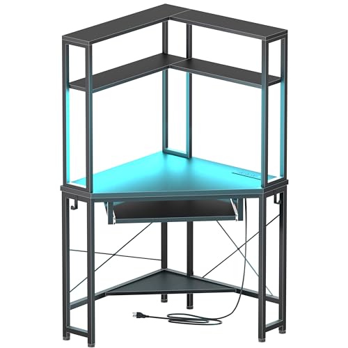 Uniheim Corner Desk with Hutch and LED Light Keyboard Tray Black