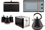 Tower Cavaletto Black & Rose Gold Kitchen Set of 7 Including Pyramid Kettle, 2 Slice Toaster, Microwave, Bread Bin & 3 Tea, Coffee & Sugar Canisters. Contemporary Matching Kitchen Set