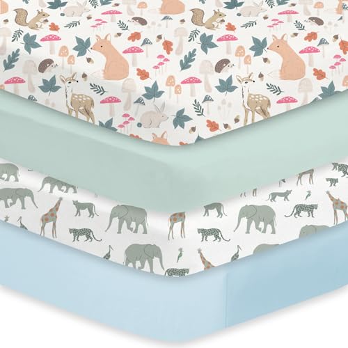 Image of Little Grape Land Crib Sheets 4 Pack for Boys and Girls, Baby Neutral Crib Fitted Sheets for Standard Crib & Toddler Mattress, Super Soft Breathable Fitted Crib Sheet Set, Safari & Squirrel