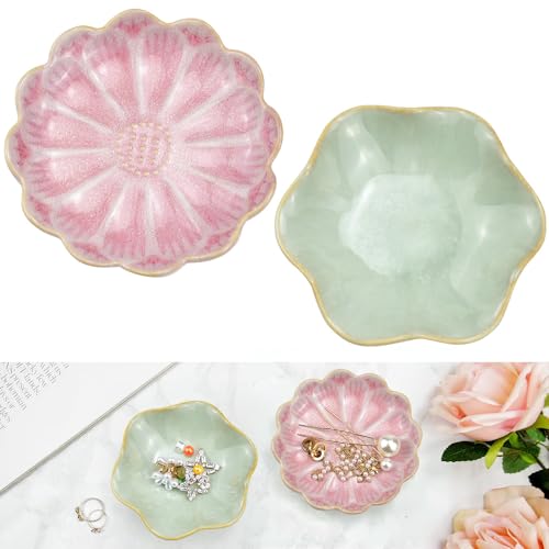 CAREDGO 2 Piezas Bandejas de Joyería de Cerámica, Plato Decorativo para Anillos, Joyas y Llaves de Casa Entrada, Rosa y Verde