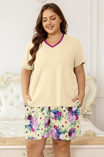 Image of Vozanet Women's Short Sleeve Top and Shorts Pajama Sets Plus Size V Neck Colorful Flower Nighty Loungewear With TWO Pockets