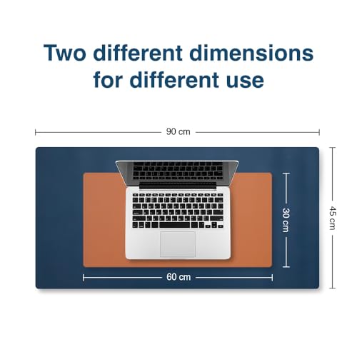 Image of Bellblock Large Extended Reversible Desk Mat /Mouse Pad /Gaming Pad for Office /Home| Vegan Leather | Anti-Skid, Slip-Resistant, Splash-Proof | Blue & Tan | 60x30cm