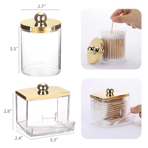Image of Tbestmax 10oz Cotton Ball Holder 7oz Qtips Dispenser, Bathroom Container Organizer for Storage Cotton Swabs, Pads - Apothecary Jar with Gold Lids