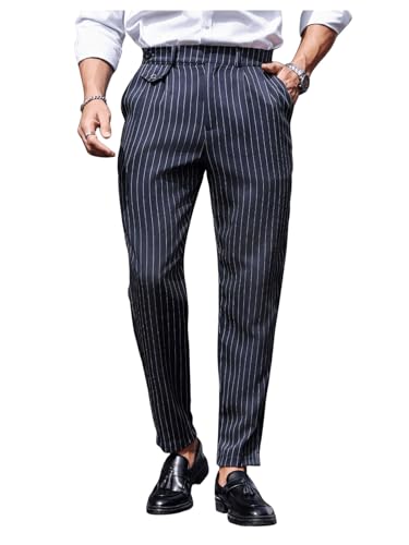 GORGLITTER Men's Striped Dress Pants Slacks Slim Fit Business Work Suit Long Trousers (Size Up, Runs Small) Blue and White Large