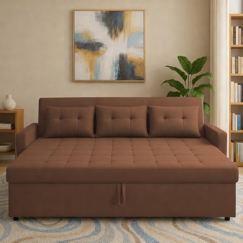 Image of Casaliving Treshta 3 Seater Pull-Out Premium Fabric Sofa Cum Bed Sofa Set for Living Room (Brown Fabric Color) Premium Fabric Sofa Set for Living Room Sofa Cum Bed