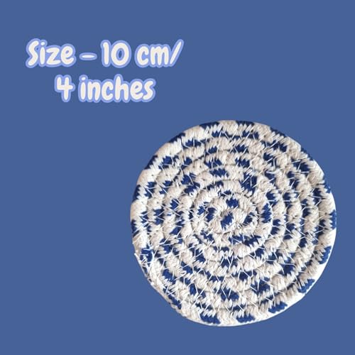 Image of Set of 6 Cotton Drink Coasters - Teal Blue Absorbent Table Mats for Hot & Cold Drinks, Round Fabric Coasters for Dining Table, Tea /Coffee /Cold Drinks- 10 cms