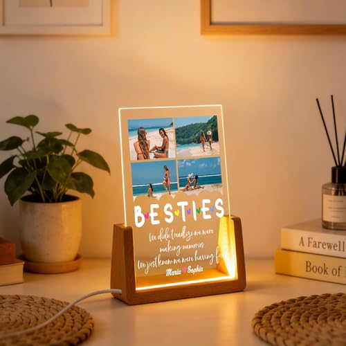 Image of Friendship Day Custom Photo Collage LED Lamp, Personalised Acrylic Night Light for Best Friends, Warm White, Wooden Base, Touch Control, Modern Style (Bestie 1)