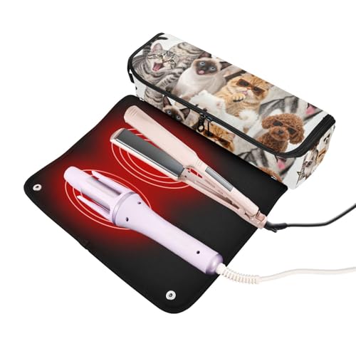 Estuche de viaje 2-en-1 para rizador con tapete resistente al calor impermeable, bolsa para planchas planas y rizadores, organizador portátil para herramientas de cabello, diseño con perros y gatos miniatura 2