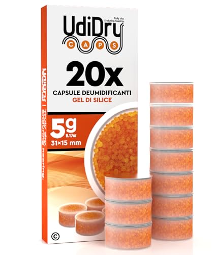 20 Capsule Essiccanti per Apparecchi Acustici UdiDry Caps Anti Umidità 5g 31mm con Indicatore di Colore - Capsule Deumidificanti con Gel di Silice di Alta Qualità Assorbi Umidità per Asciugatura