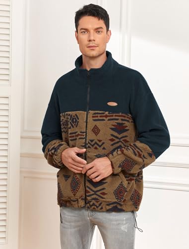 Image of ZAFUL Aztec Print Fleece Jacket - Unisex Full Zip Hoodie with Stand Collar, Pockets & Fluffy Texture