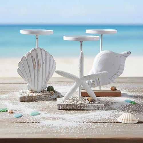 NAUTIMALL Nautical Tealight Candle Holder, Seashell Stand, Sea-Themed Tabletop Display for Wedding, Beach Wedding Decorations, Coastal Cottage Decor, Set of 3