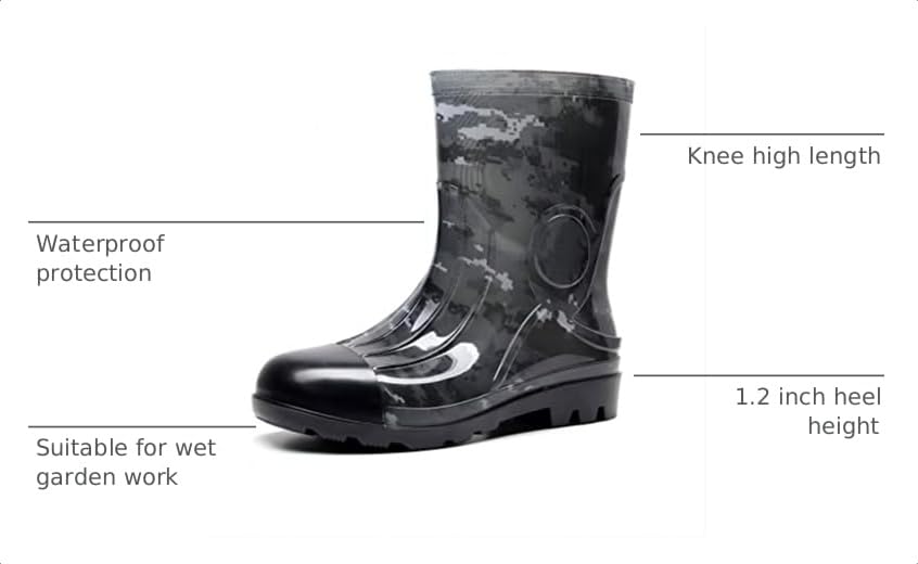 Image of Man Knee High Rubber Rainboots Camo Waterproof Rubber Boots for Garden Man Rain Footwear Size