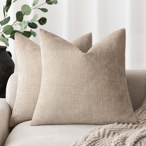 Image of Foindtower Set of 2 Soft Textured Chenille Throw Decorative Pillow Covers Square Accent Solid Cushion Cover Cozy Neutral Farmhouse Pillow Case for Couch Sofa Bedroom Living Room 26x26 Inch,Cream Camel