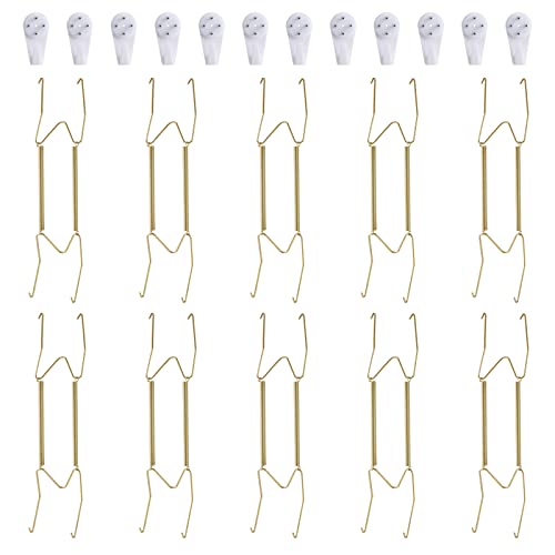 Image of 10 Piece Plate Hangers, 12 Inch Invisible Brass Wall Plate Hangers, Comes with 12 Piece Wall Hooks for Decorative Plates