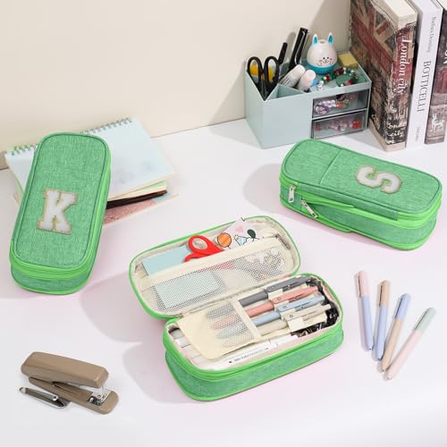 Image of Preppy Pencil Case for School Supplies, Large Initial Pencil Pouch with Zipper, Cute Pencil Bag for Office Supplies, Aesthetic Pen Case Box for Kids Teen Girls Women - G(Green)