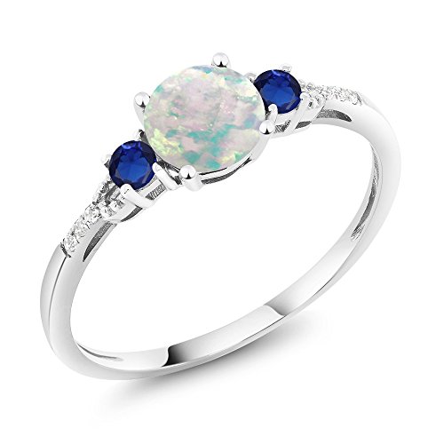 Gem Stone King 10K White Gold White Simulated Opal Blue Created Sapphire and Diamond Accent 3-Stone Engagement Ring For Women (0.51 Cttw, Round Cabochon 6MM, Gemstone October Birthstone)
