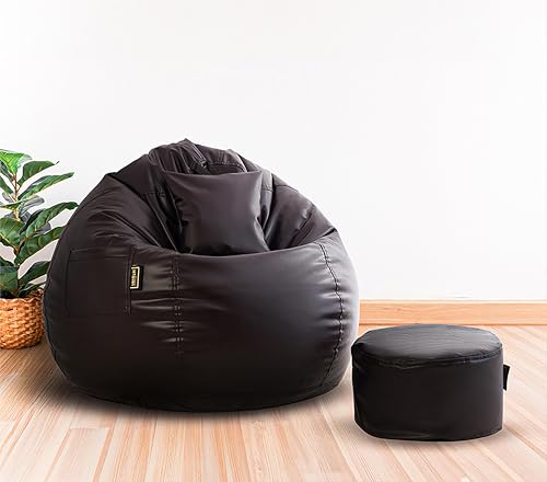 Image of Seventh Heaven 3XL Bean Bag Cover with Footrest and Cushion (Without Beans) | Premium Scratch Resistant Leatherette | (Leatherette Fabric - Brown)