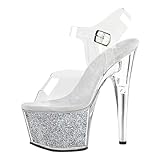 Damen-Sandalen mit Knöchelriemen und Schnalle, Plateau, Stiletto, für Hochzeiten, Partys, High Heels. High Heels für Stripperinnen, Pole Dance,Silber,38 EU