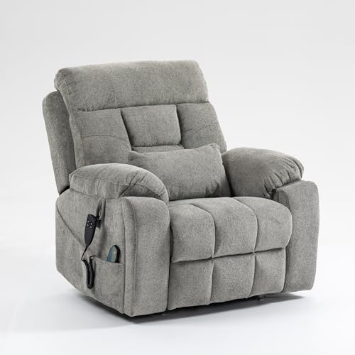 RHHVVR Oversized Lift Recliner Chair for Elderly, 26' Extra Wide Seat Power Lift Recliners with Heat and Massage, Dual Motor Electric Lay Flat Living Room Sofa with Lumbar Pillow, Light Grey