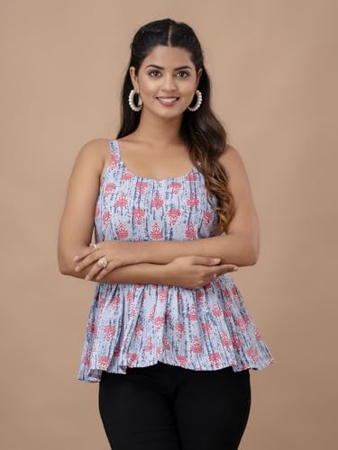 Image of feranoid Women Cotton Printed Sleeveless Strap Peplum Top
