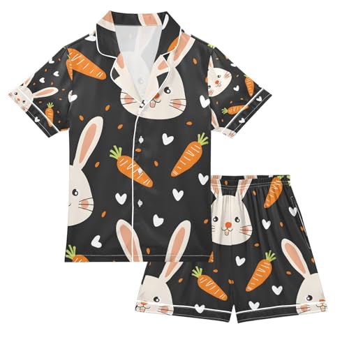 senya Face Rabbit Orange Satin Summer Pajama Sets Silk Short Sleeve Button Down Sleepwear