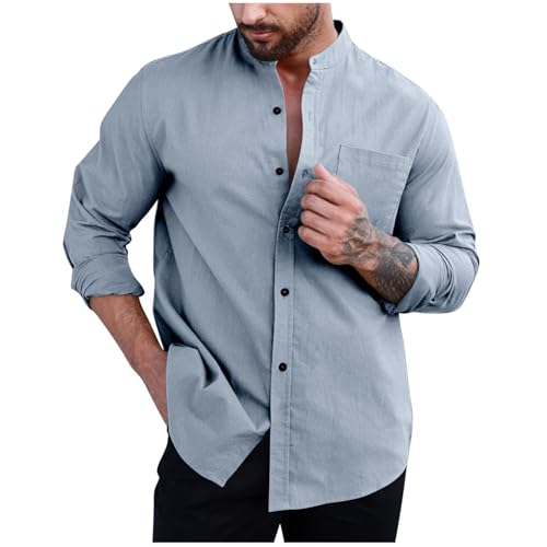 Camisas Hombre Manga Larga,Camisa Hombre de Botones con Bolsillo Casual Color Liso Cuello en V Camisas de Algodón Elegante Slim Fit Ligera Blusa para Trabajo de Oficina Ropa Otoño Invierno
