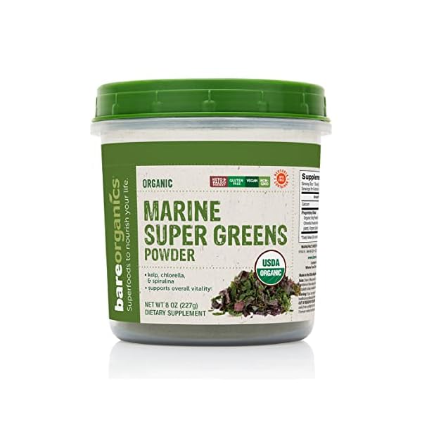 BareOrganics Marine Super Greens Powder | USDA Organic, Gluten-Free, Vegan, Non-GMO, BPA-Free | Kelp, Chlorella…