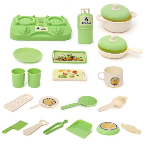 Image of Chanak Kitchen Fresh Cook Set Bag for Kids, Pretend Play Cooking Toy with Mini Utensils & Gas Stove, Cylinder, Frying pan, Serving Tray, Kitchen Role Play Toy Set for Kids Age 3+ (Green)