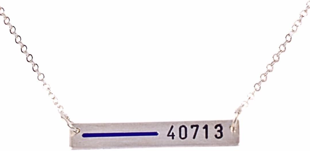 Thin Blue Line Sterling Silver Personalized Necklace for Police Wives. Custom Law Enforcement Badge Number with Blue, Red, Black Line Rectangle Bar Pendant Sterling, 14K Gold Fill, or Rose Gold Fill