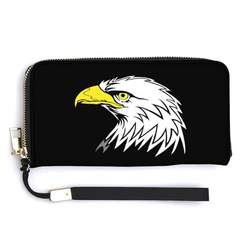 Ferocious Bald Eagle Leather Wallet Fashion Bifold Purse Long Pouch with Wrist Strap for Men Women