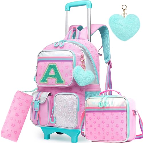 Image of Meetbelify Pink Backpack with Wheels for Girls Rolling Letter Backpack Cute Carry on Backpack Kids Luggage with Lunch Box Pencil Case for Elementary Student