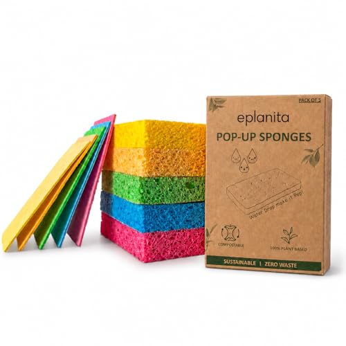 EPLANITA Esponjas Pop-up (Paquete de 5) celulosa Natural, compostable, Limpieza sin arañazos para Cocina y baño, lavarse, Exfoliante ecológico, Manualidades de Bricolaje