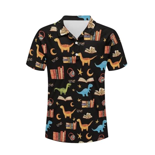 Cupattern Dinosaur Book Moon Black Men's Polo Short Sleeve Shirts Funny Golf Shirt Library 2XL