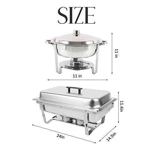 Restlrious Chafing Dish Buffet Set 4 Pack, Stainless Steel 5 Qt Round & 8 Qt Rectangular Foldable Chafers And Buffet Warmers Set, Full Size W/Water Pan, Food Pan, Fuel Holder & Lid For Catering Event #TOP2