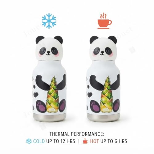 Image of JOUETKids Stainless Steel Water Bottle 280ml with Cute Panda Character Lid, White Leakproof Drinking Bottle for School, Travel & Daily Use