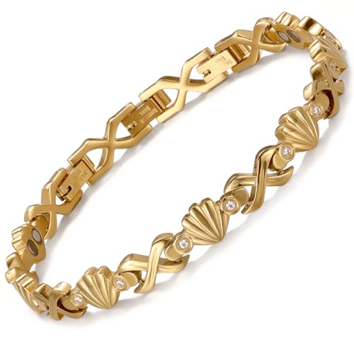 RainSo Pulsera magnética para mujer – Pulsera de acero inoxidable 3800 Gauss con forma de concha engastada con diamantes, incluye 3 botones inteligentes, tamaño ajustable (dorado)