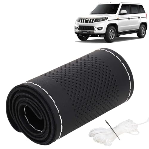 Image of KINGSWAY PU Leatherite Car Steering Cover Sewable Compatible with Mahindra Bolero Neo (Year 2021 Onwards), Black Color with Silver Thread, Pack of 1 with Sewing Needle and Thread