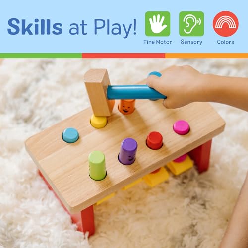 Image of MeMelissa & Doug Deluxe Pounding Bench Wooden Preschool Learning Toy with Mallet Classic Wooden Toddler Toys for Ages 2+Lissa & Doug Deluxe Pounding Bench Wooden Preschool Learning Toy with Mallet