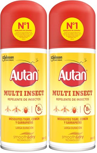 Autan Multi Insectos en Spray Seco Repelente Mosquitos, Proteccion contra Mosquitos Común, Tigre, Garrapatas y Tábanos, hasta 8h de Protección, Dermatológicamente Probado, 2x100 ml