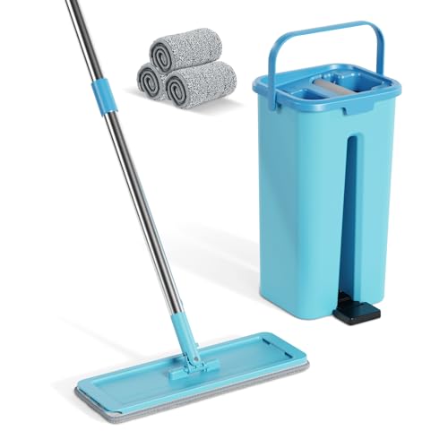 Eukue Escoba de Fregona con Cubo, Trapeador de Piso Plano con Cubos de Función Escurridor, Fregona Plana Giratoria 360 ° con 3 Fregonas Reutilizables para Limpieza de Todo Tipo de Suelos (Azul)