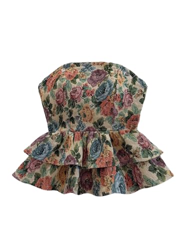 SOLY HUX Women's Floral Print Tie Backless Tube Top Layered Ruffle Strapless Vacation Tops