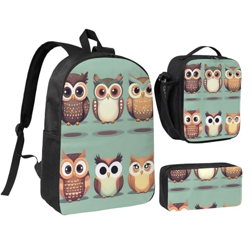 Sac à dos d'école léger 3 pièces à motif hiboux mignon