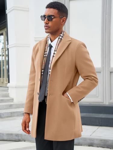 Runcati Men's Pea Coat with Detachable Plaid Scarfs Fall Single Breasted Wool Blend Trench Coat Winter Overcoat2