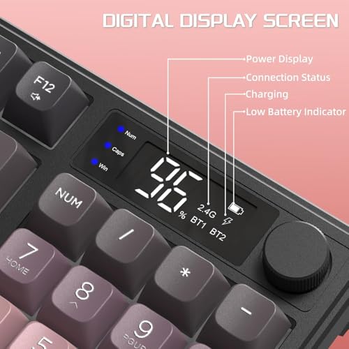 Image of FREEWOLF M96 Wireless Gaming Keyboard Creamy Membrane with Rainbow Backlight,Media Knob,LCD Screen,Dual Mode-Bluetooth /2.4Ghz,Ball Shape PBT Keycap 94 Key ANSI Layout for Win Mac PC Gamer(BlackBerry)