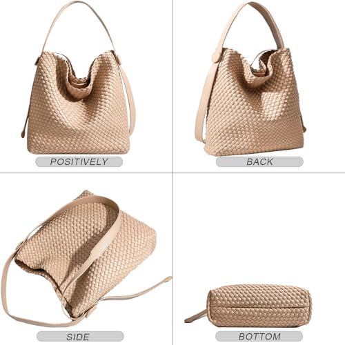 Image of Large Woven Tote Bag Vegan Leather Shoulder Bag for Women Fashion Travel Shopper Bag Top Handle Handbag and Purse