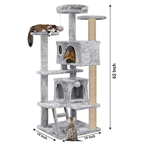 Image of Mellifluous Fur Fabric Activity Kitten Cat Tree - Ladder | Multiple Seats | Condos | Furry Balls | Jute Rope Scratching Posts (Grey) (Height 62 Inch)