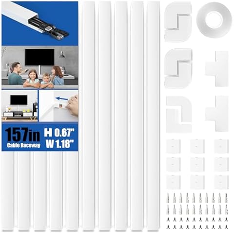 Delamu 157in Paintable Cord Cover Raceway Kit, Cable Concealer for TV on Wall, 10 X L15.7 W1.18 H0.6in, White Cover