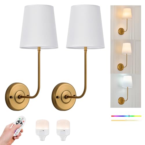 Image of Rechargeable Wall Sconces Set of 2,Battery Operated Brass Wall Sconce with Dimmable Bulb and Remote Control,Cordless Wall Sconce Lights for Living Room Decor